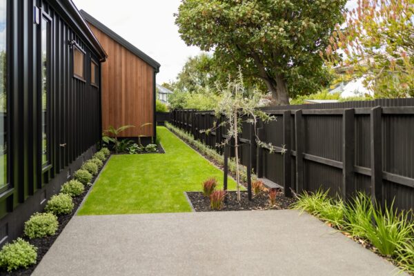 Garden landscaping with ready lawn and concrete paths in Christchurch