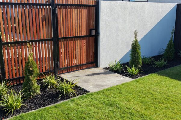 Timber slat gate with concrete path, lawn and fresh garden planting